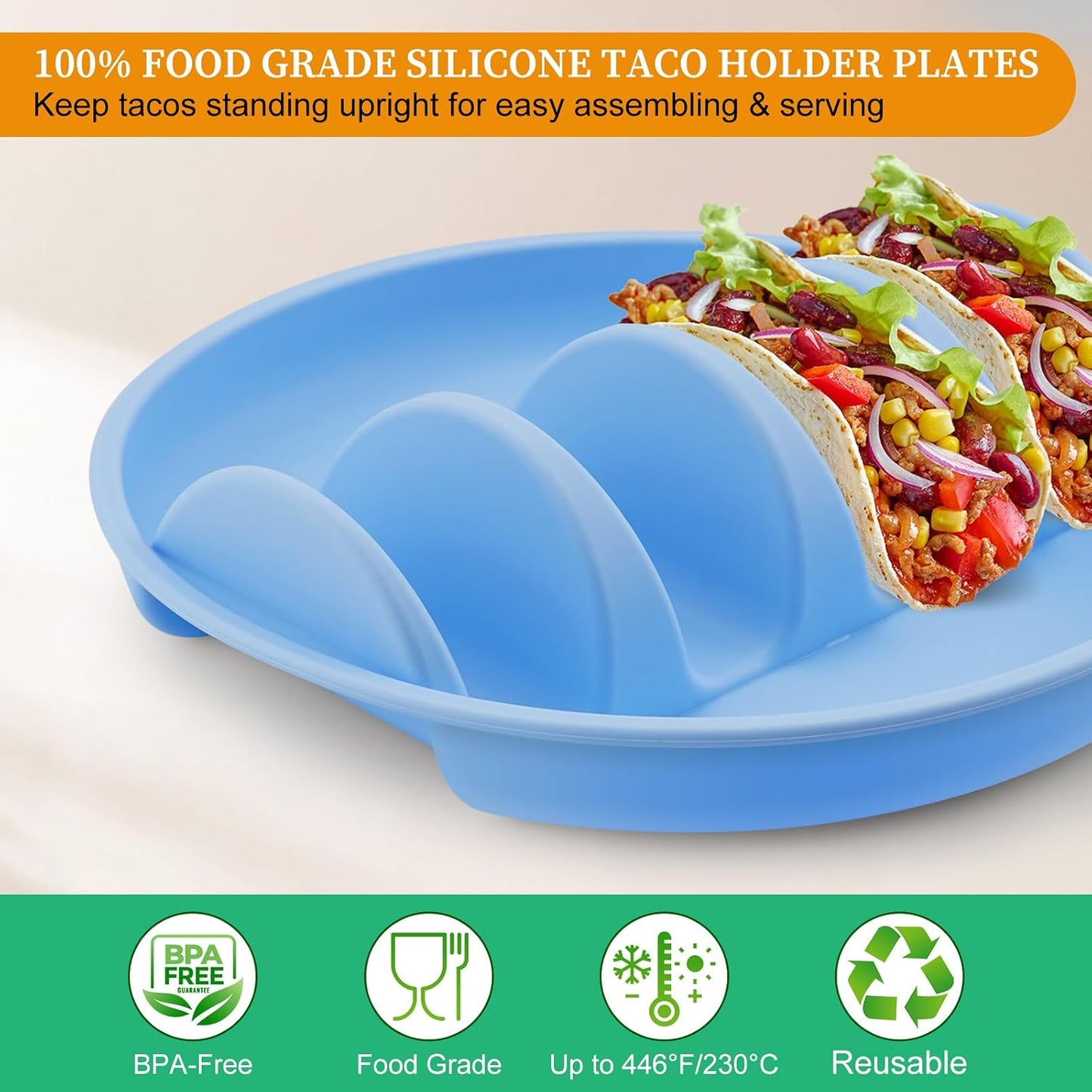 Haiou Silicone Taco Plates Set of 2 - The Ultimate Taco Holder Stand for Mess-Free Family Dinners & Parties, Microwave & Oven Safe Taco Tray, Holds 4 Shells Each