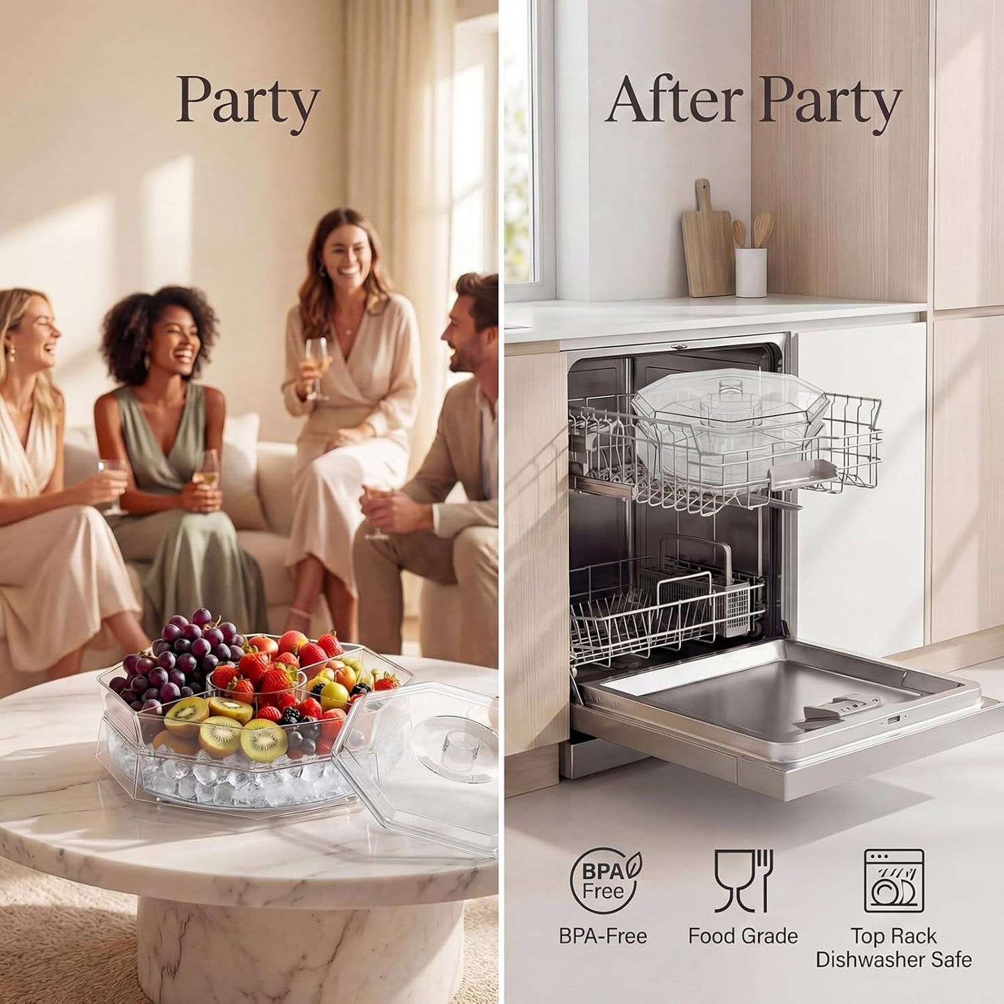 3-Tier Rotating Ice Chilled Serving Tray with Lid, 5-Compartment Fruit Platter with Ice Base for Veggies, Snacks, Seafood and Parties