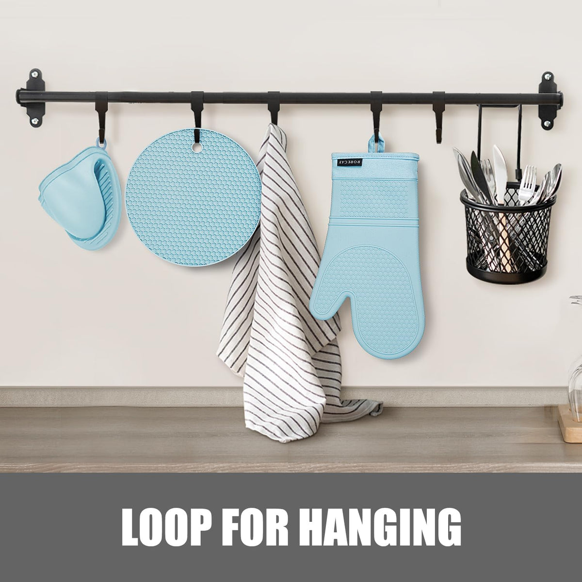 RORECAY Silicone Oven Mitts and Pot Holders Sets, Gloves for Kitchen, Beige