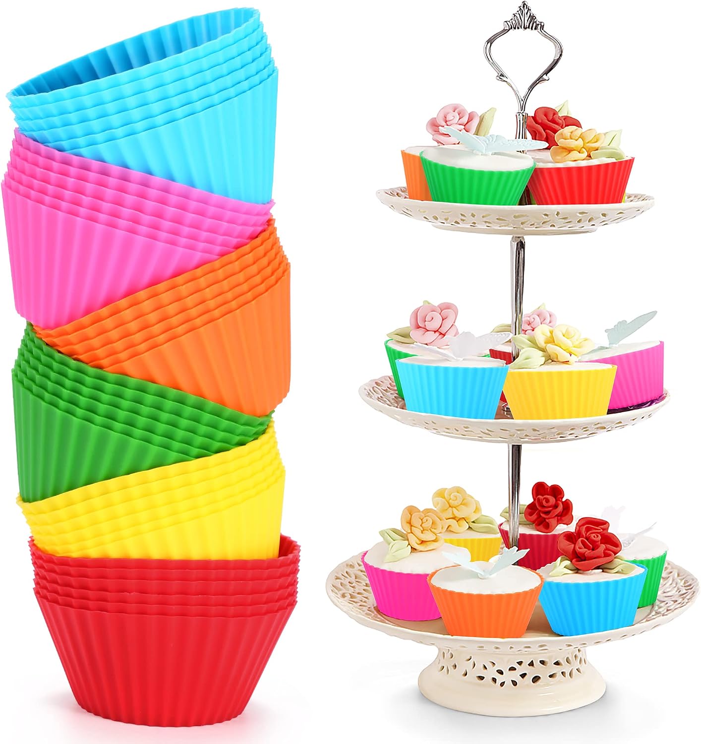 Silicone Cupcake Liners, Set of 36 Muffin Baking Cups, Nonstick Silicone Muffin Liners, Reusable No Stick Silicone Cupcake Molds, 2.75” Silicone Cupcake Baking Cups, mini Multicolored Bulk Pack