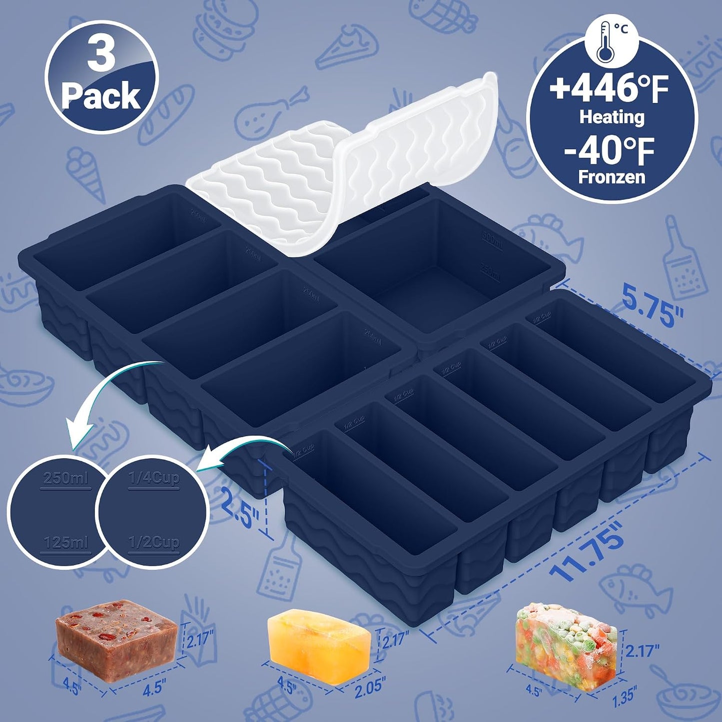 3-Pack Silicone Freezer Trays with Lid,2 Large 2-Cup(500ml)&4 Medium 1-Cup(250ml)&6 Small 1/2-Cup(125ml) Soup Freezer Container Molds,Ice Cube Tray For Meal Prep&Freezing Soup,Stews,Sauces