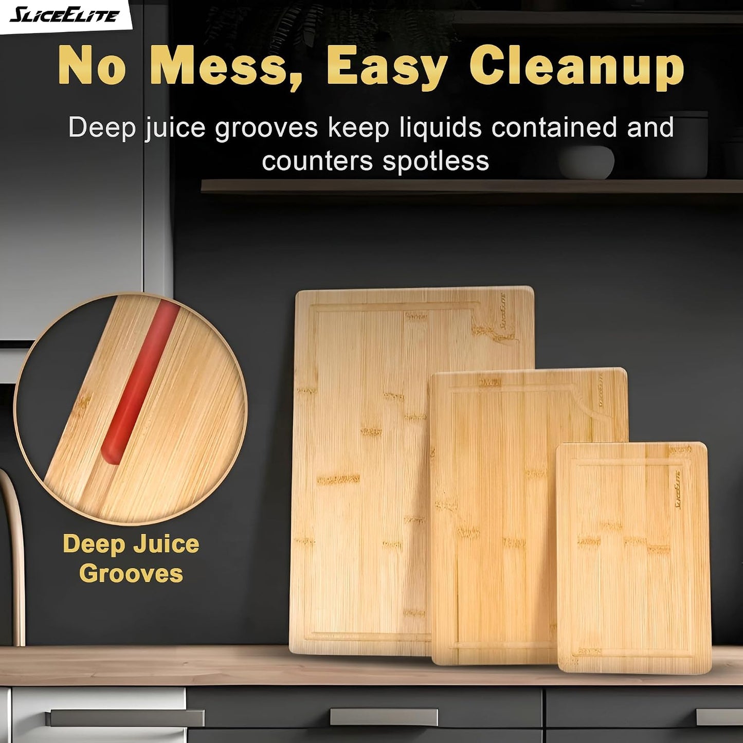 SliceElite Extra Large Bamboo Cutting Board Set 3 Piece End Grain Wooden Chopping Boards with Holder Non Slip Feet Juice Groove XL Butcher Block Style Boards for Kitchen Carving and Serving