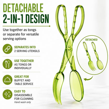 HIC Kitchen Salad Tong, Hinged Design, Detachable Fork and Spoon Green