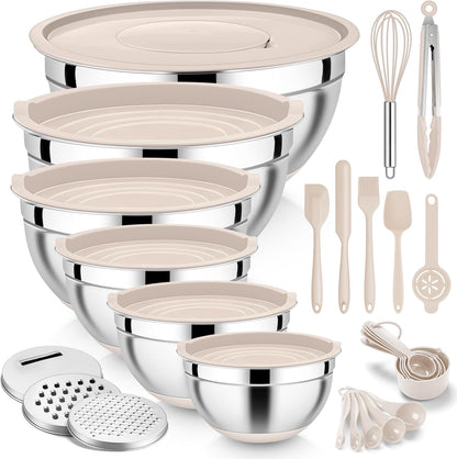 E-far 25PCS Mixing Bowls with Lid Set, Stainless Steel Nesting Prep Bowls with Grater Attachments Non-Slip Bottoms for Cooking, Serving, Food Storage, 4.6/2.6/2/1.5/1/0.7QT - Khaki