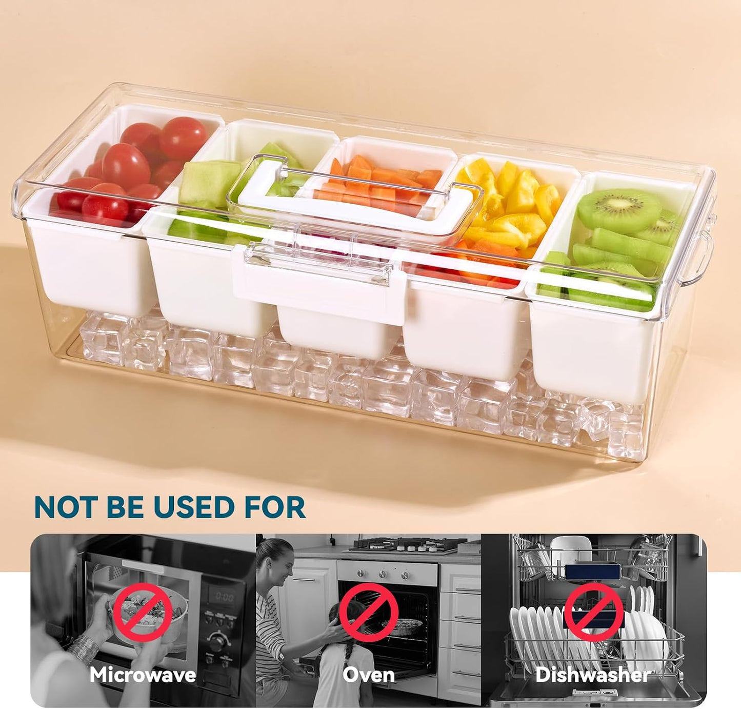 Luckore 2 Pack Chilled Condiment Tray Server with 5 Removable Small Compartments Containers & Hidden Handle Design, Ice Chilled Condiment Organizer, Garnish Serving Tray for Camping, Fruit, Salad