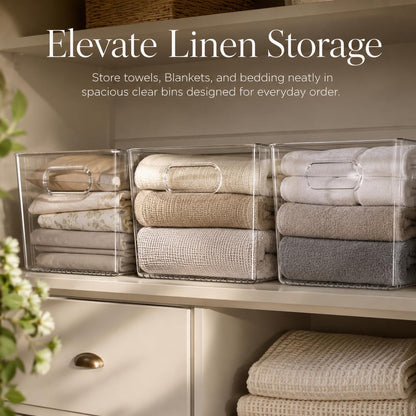 MOONEDGE 6 Pack Clear Organizer Bins 11x8x6in Pantry Organizers and Storage | Clear Containers for Organizing, Plastic Storage Bins with Handles for Drawer, Craft, Fridge, Kitchen Cabinet Shelf