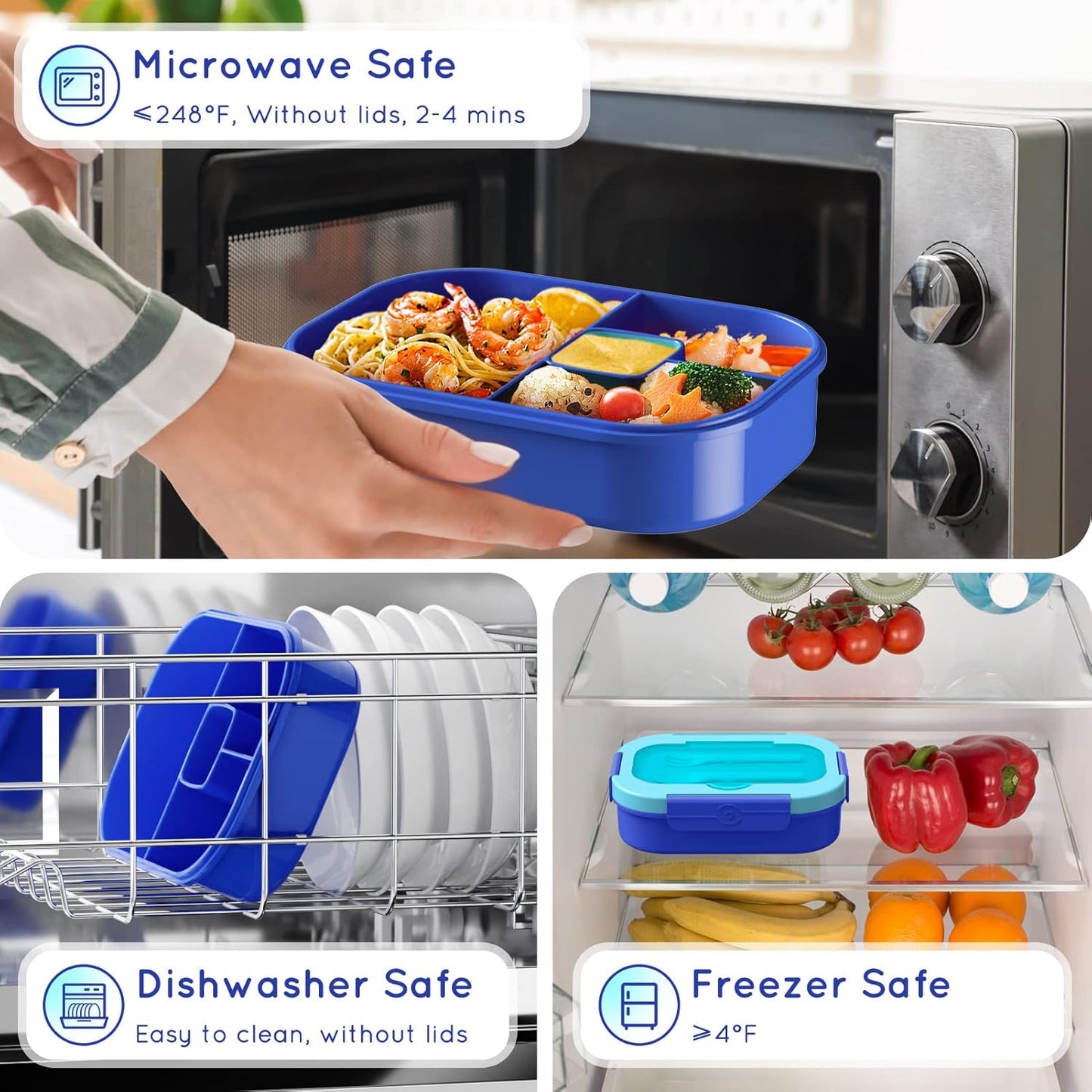 Lunch Box Kid Adult Bento Box, 4-Compartment Food Lunch Containers with Fork & Spoon, BPA Free, Leak-Proof Bento-Style Lunch Box for Work School, Microwave & Dishwasher Safe (Candy)