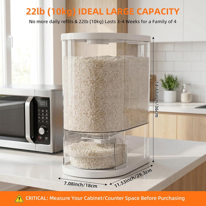 Rice Dispenser 22 Lbs(10kg), Rice Holder Storage Container with Measuring Cup, Clear Cereal Dry Food Grain Dispenser for Kitchen Pantry Household Organization, BPA Free
