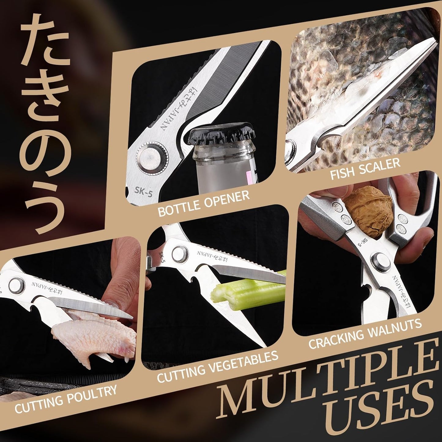 Kitchen Scissors Set Gold, Kitchen Shears, Sharp Meat Cutting Scissor Dishwasher Safe, Poultry Shear Heavy Duty, Japan Cooking Kitchen Scissors for Food Chicken Shears, Gifts for Men Women