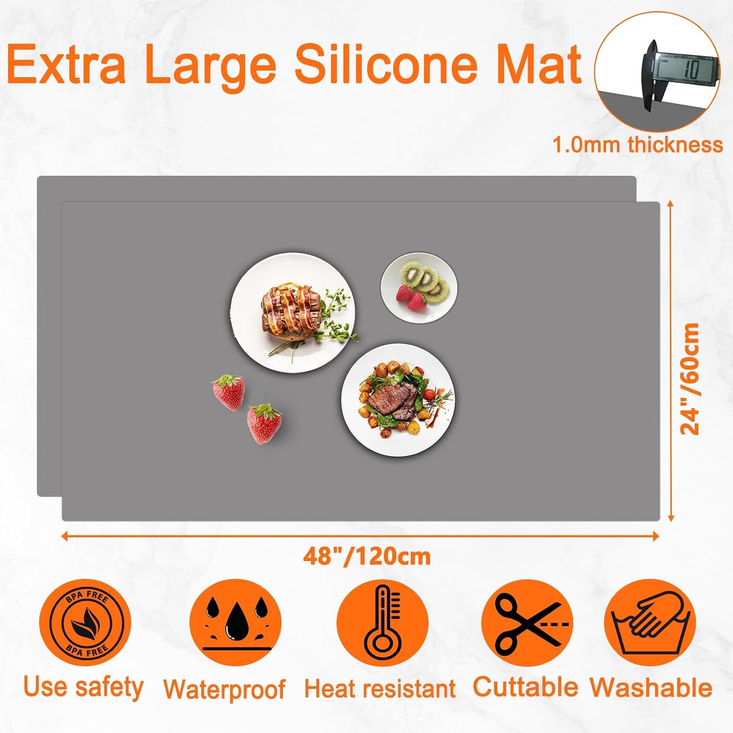 2Pack Large Silicone Mats for Kitchen Counter, 48''x24''(120cmx60cm) Heat Resistant Mat for Kitchen Island, Waterproof Multipurpose Countertop Protector, Black