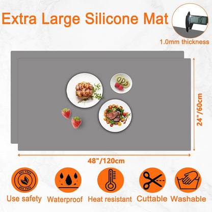 2Pack Large Silicone Mats for Kitchen Counter, 48''x24''(120cmx60cm) Heat Resistant Mat for Kitchen Island, Waterproof Multipurpose Countertop Protector, Black