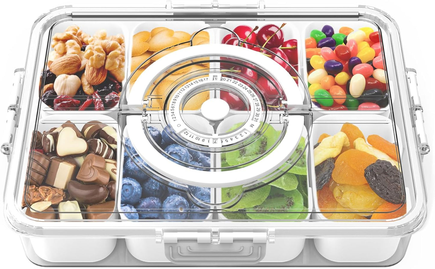 Divided Serving Tray with Lid and Handle,Time Recording 8 Compartments Snackle Box Container - Charcuterie Board for Portable Snack Platters - Clear Organizer for Fruits Snacks,Perfect for Travel
