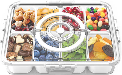 Divided Serving Tray with Lid and Handle,Time Recording 8 Compartments Snackle Box Container - Charcuterie Board for Portable Snack Platters - Clear Organizer for Fruits Snacks,Perfect for Travel