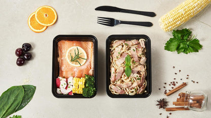 FULING 32 oz 50 ct Round Meal Prep Containers with Lids Plastic Food Storage Lunch Plan To Go Box Disposable Take Out Bowls Black BPA Free Reusable Durable Stackable Microwave Freezer Dishwasher Safe
