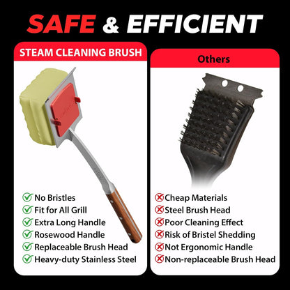 ENLOY Grill Brush for Outdoor Grill, Bristle Free Steam Grill Brush with Scraper, Replaceable Head, Safe Steam Cleaning 17'' Long Handle Grilling Accessories for Most Grills, Gifts for Men Dad Husband