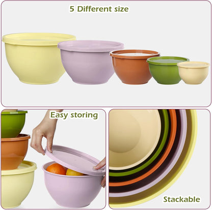 Greentainer Plastic Mixing Bowls with Lids Set for Kitchen, 5 Set Nesting Bowls for Mixing, Baking, Prepping, Cooking and Serving Food, Mixing Bowls Dishwasher, Microwave Safe