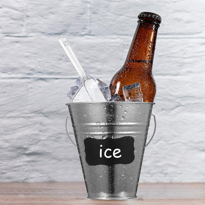 Harloon 12 Pcs Galvanized Bucket with 12 Clear Plastic Ice Scoop 20.3 oz Metal Beer Bucket with Handle Metal Pail Mini Toy Container 16 Blackboard Sticker for Candy Popcorn Snacks Party Supplies
