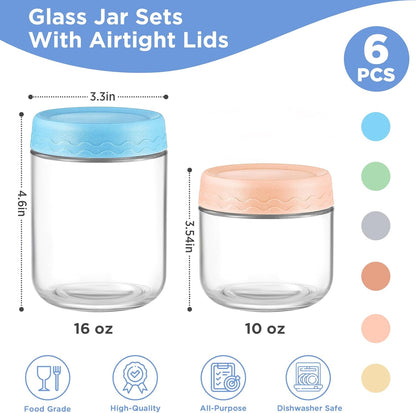 DRKIO 16 Oz Overnight Oats Containers with Lids - 6 Pack Glass Storage Jars with Airtight Lids Wide Mouth Mason Food Jars Great for Meal Prep Salad Chia Pudding Snacks Yogurt Sugar Spice Cereal