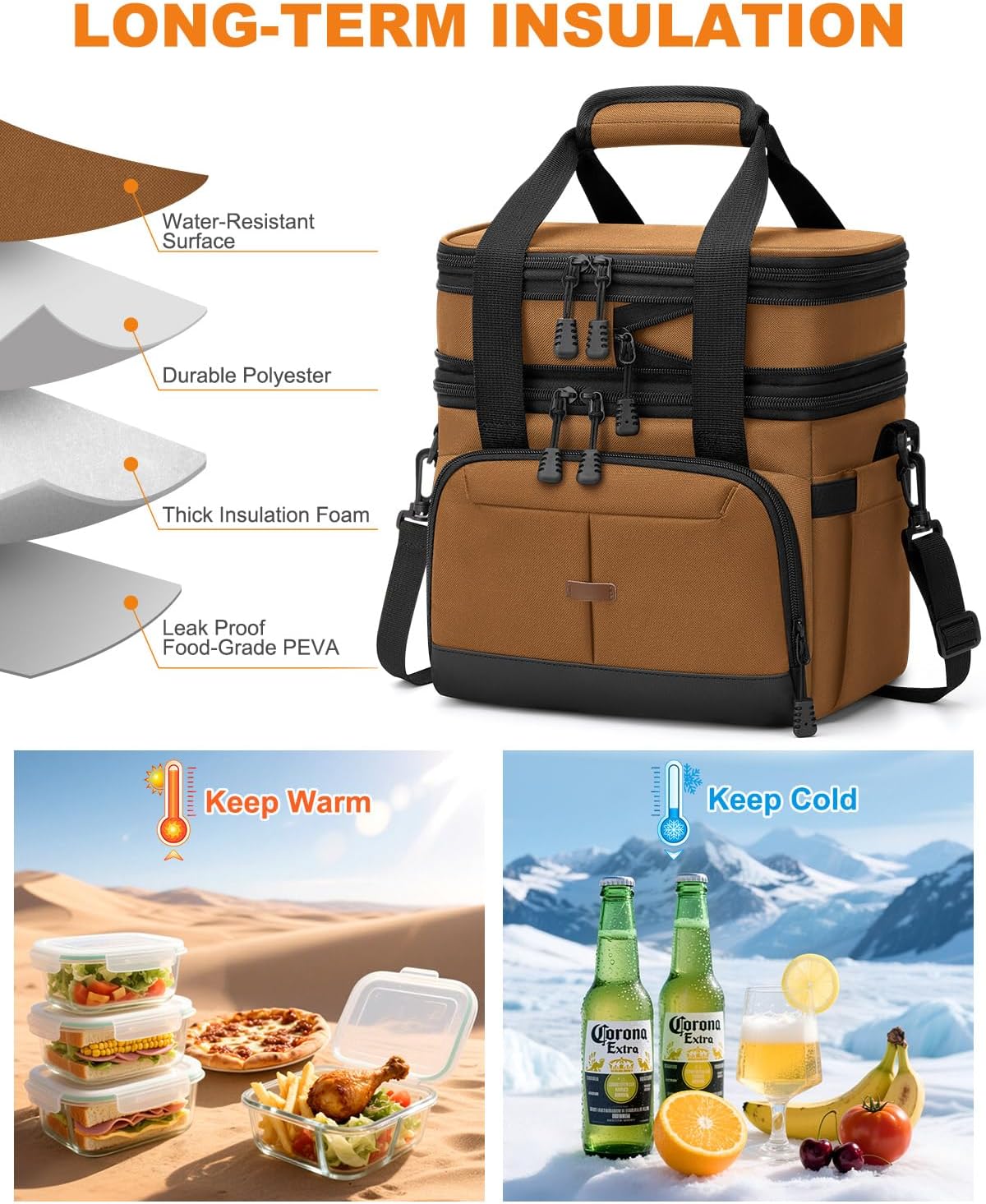 Pritent Lunch Box For Men Women Double Deck Insulated Lunch Bag For Men Woman Leakproof Expandable Cooler Bag with Adjustable Shoulder Strap for Kids Shool Work Picnic Camping(Beige,Large)