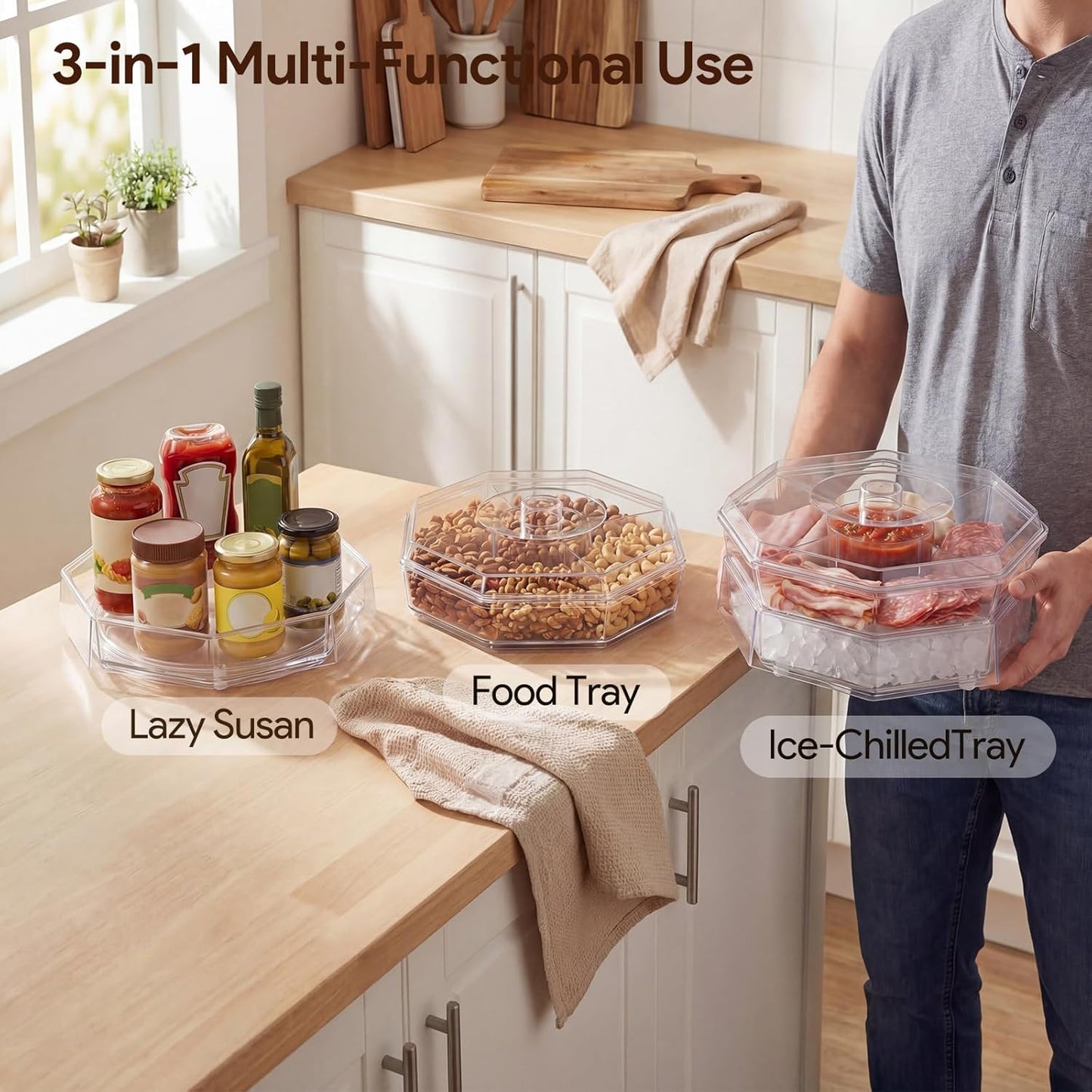 Rotating Chilled Serving Tray with Lid, 5-Compartment Fruit Tray with Ice Bottom for Salad, Shrimp, Appetizers and Parties