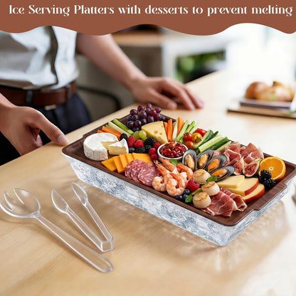 Baderke 16" x 9" Chilled Serving Tray for Parties with Compartments Ice Chilled Party Crudite Platter Charcuterie Serving Board Cold Dish Dip with Tableware for Seafood Vegetable(Silver Glitter)