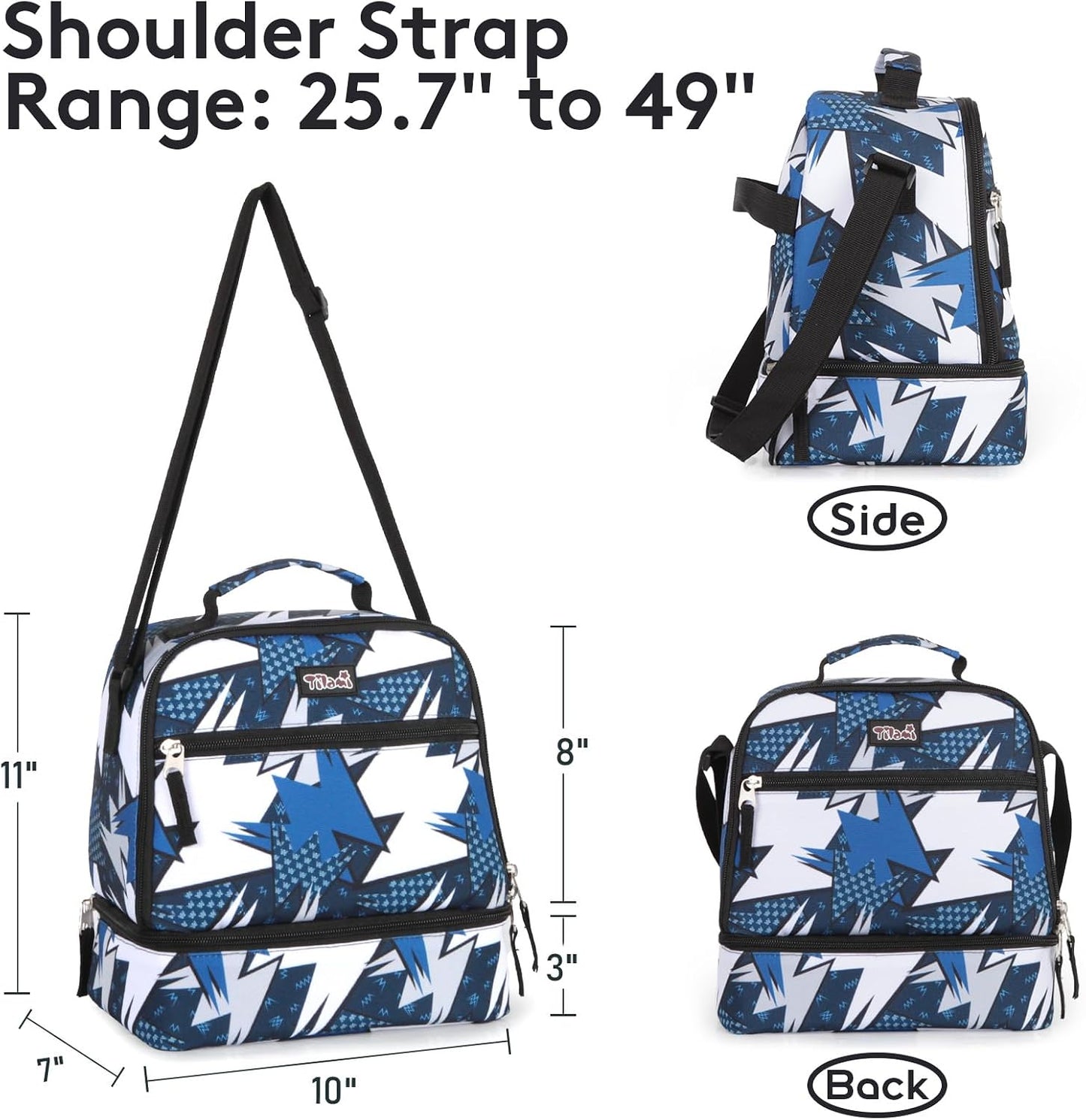 Tilami Lunch Bags Insulated Adjustable Strap Zipper, Two Compartments Cooler Bags, Bento Bags for Kids Toddlers (Blue)