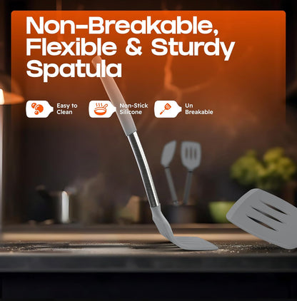 BakeRoyal Silicone Spatula Set - Turner Spatulas Silicone Heat Resistant 600°F - Slotted & Solid Spatula for Cooking Fish, Eggs, Pancakes Flipper – Spatulas for kitchen use – Black