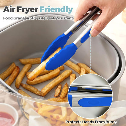 Kitchen Tongs, Stainless Steel Cooking Tongs with Silicone Tips, 600ºF High Heat-Resistant Non Scratch Locking Tongs for Cooking BBQ Grilling Air Fryer Pans, Set of 3 (7" 9" and 12") Black