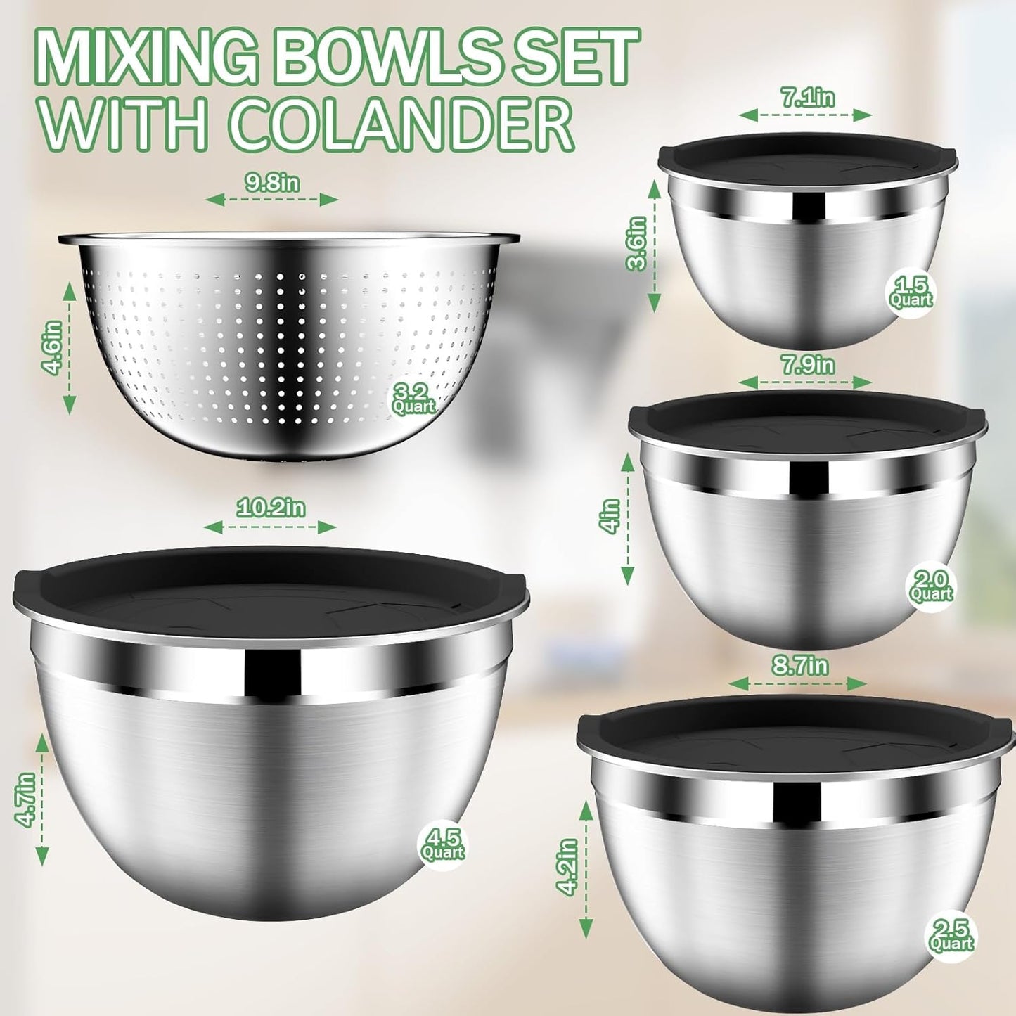 DUTZUN Mixing Bowls with Lids Set - 16pcs Stainless Steel Mixing Bowl Set with Colander, 3 Grater Attachments, Non-Slip Bottom, Metal Nesting Bowls with Strainer for Mixing & Serving - Black