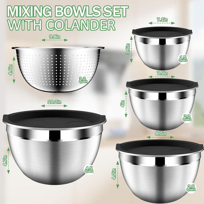 DUTZUN Mixing Bowls with Lids Set - 16pcs Stainless Steel Mixing Bowl Set with Colander, 3 Grater Attachments, Non-Slip Bottom, Metal Nesting Bowls with Strainer for Mixing & Serving - Black