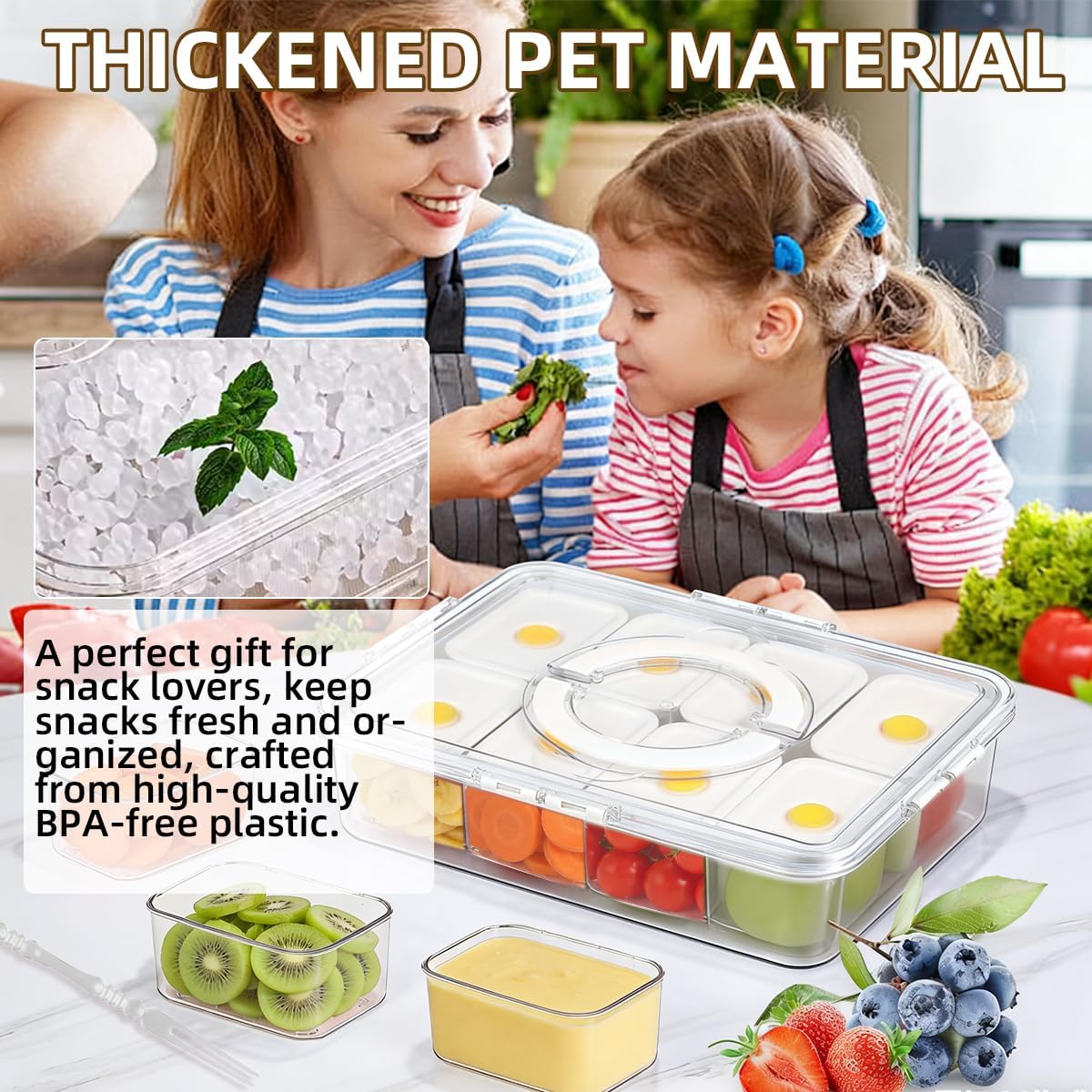 Premium Leak-Proof Snackle Box Container with 8 Clear Compartments & 8 Airtight Lids | Portable Clear Snack Tray with Lid & Handle | Divided Serving Tray for Fruits, Snacks, Sauces, Veggie & More