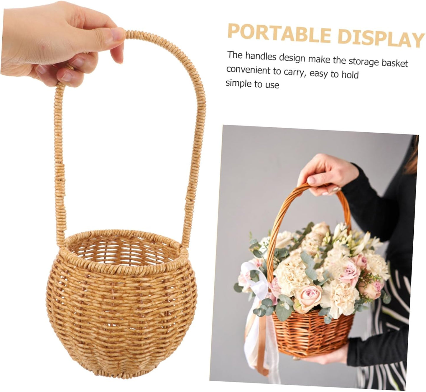 Rustic Style Plastic Rattan Storage Basket with Handle, Wear Resistant and Convenient to Carry, Unique Shape Fruit and Egg Storage Basket for Birthday or Shower