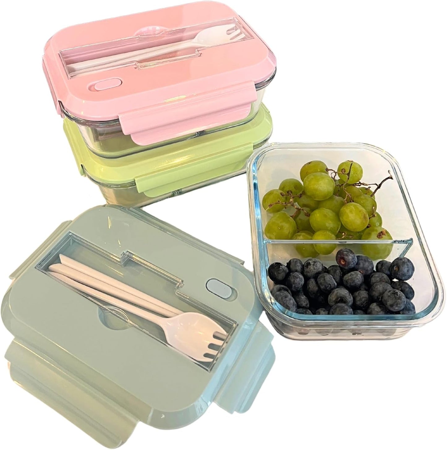 THY COLLECTIBLES Set of 3 36 OZ Glass Lunch Storage Containers with Lids and Utensils, Microwave Safe, Leak Proof, Freezer to Oven Safe for Meal Prep, Leftovers, Cooking, Bento Box (3 Compartments)