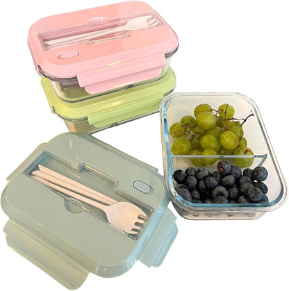 THY COLLECTIBLES Set of 3 36 OZ Glass Lunch Storage Containers with Lids and Utensils, Microwave Safe, Leak Proof, Freezer to Oven Safe for Meal Prep, Leftovers, Cooking, Bento Box (3 Compartments)