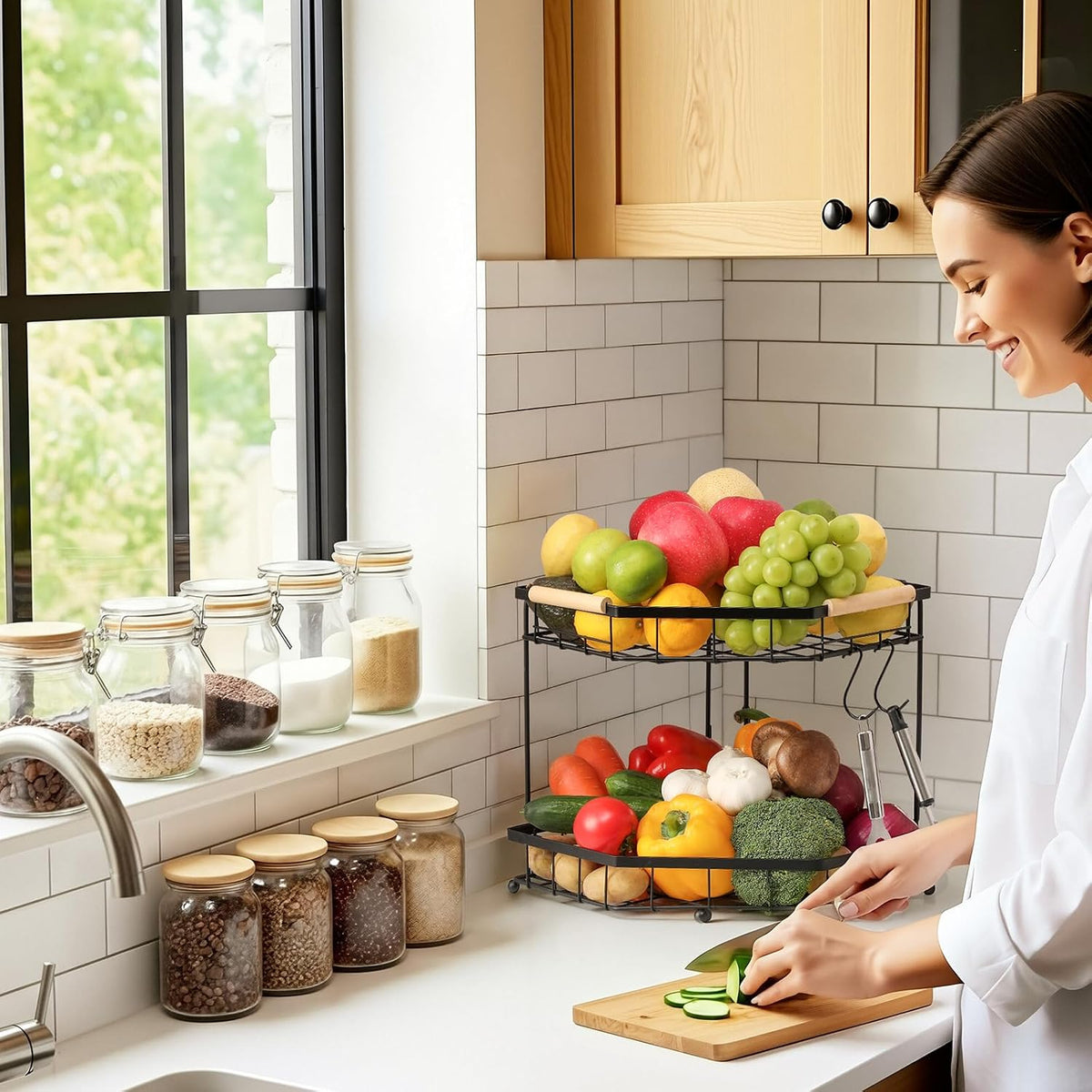2 Tier Corner Fruit Basket for Kitchen Counter with Banana Hangers, Detachable Fruit Bowl with Wooden Handle, Metal Corner Rack for Fruit and Vegetable Storage, Kitchen Countertop Organizer