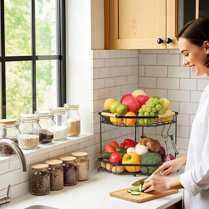 2 Tier Corner Fruit Basket for Kitchen Counter with Banana Hangers, Detachable Fruit Bowl with Wooden Handle, Metal Corner Rack for Fruit and Vegetable Storage, Kitchen Countertop Organizer