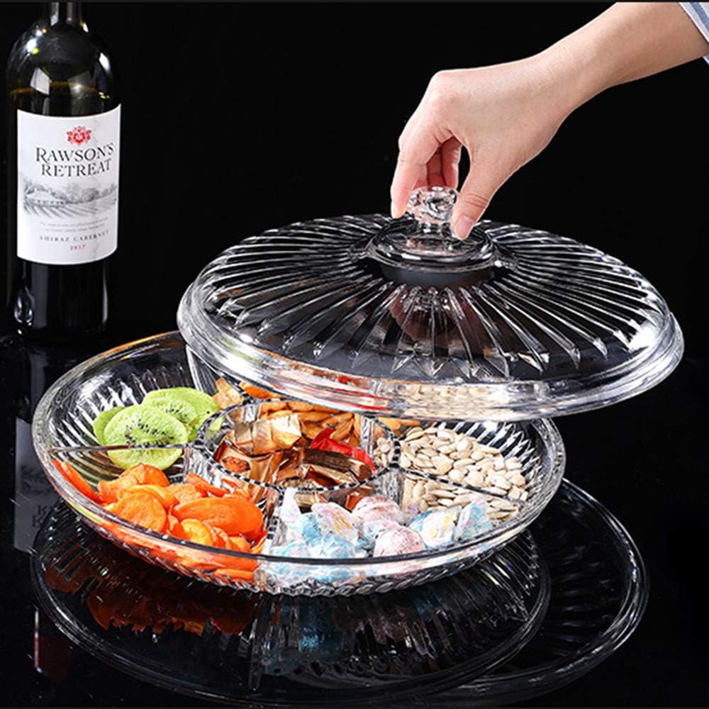 FEOOWV Creative Acrylic Multifunctional Party Snack Tray with Lid,Serving Dishes for Dried Fruits Nuts Candies Fruits,6-Compartment (Round)