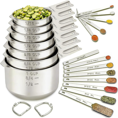 EWFEN Measuring Cups and Spoons Set, 7 Stainless Steel Nesting Measuring Cups & 7 Spoons, 5 Mini Measuring Spoons & 2 Detachable Rings, Kitchen Gadgets for Cooking & Baking, Round