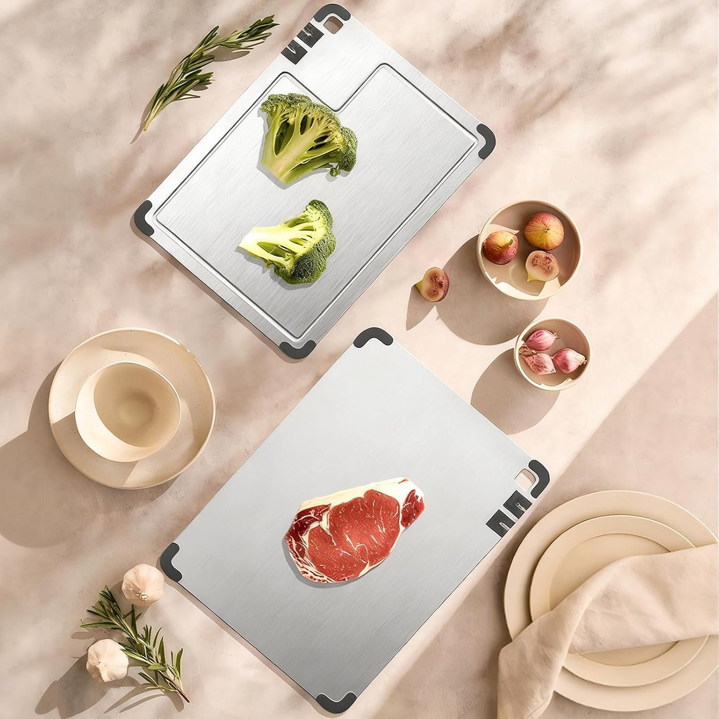 3-Piece Titanium Cutting Board Set with Dual-Stage Knife Sharpener,Double Sided Food-Grade Chopping Board,Non-Slip Feet,Deep Juice Groove,Heavy Duty,Hygienic & Dishwasher Safe Kitchen Chopping Boards