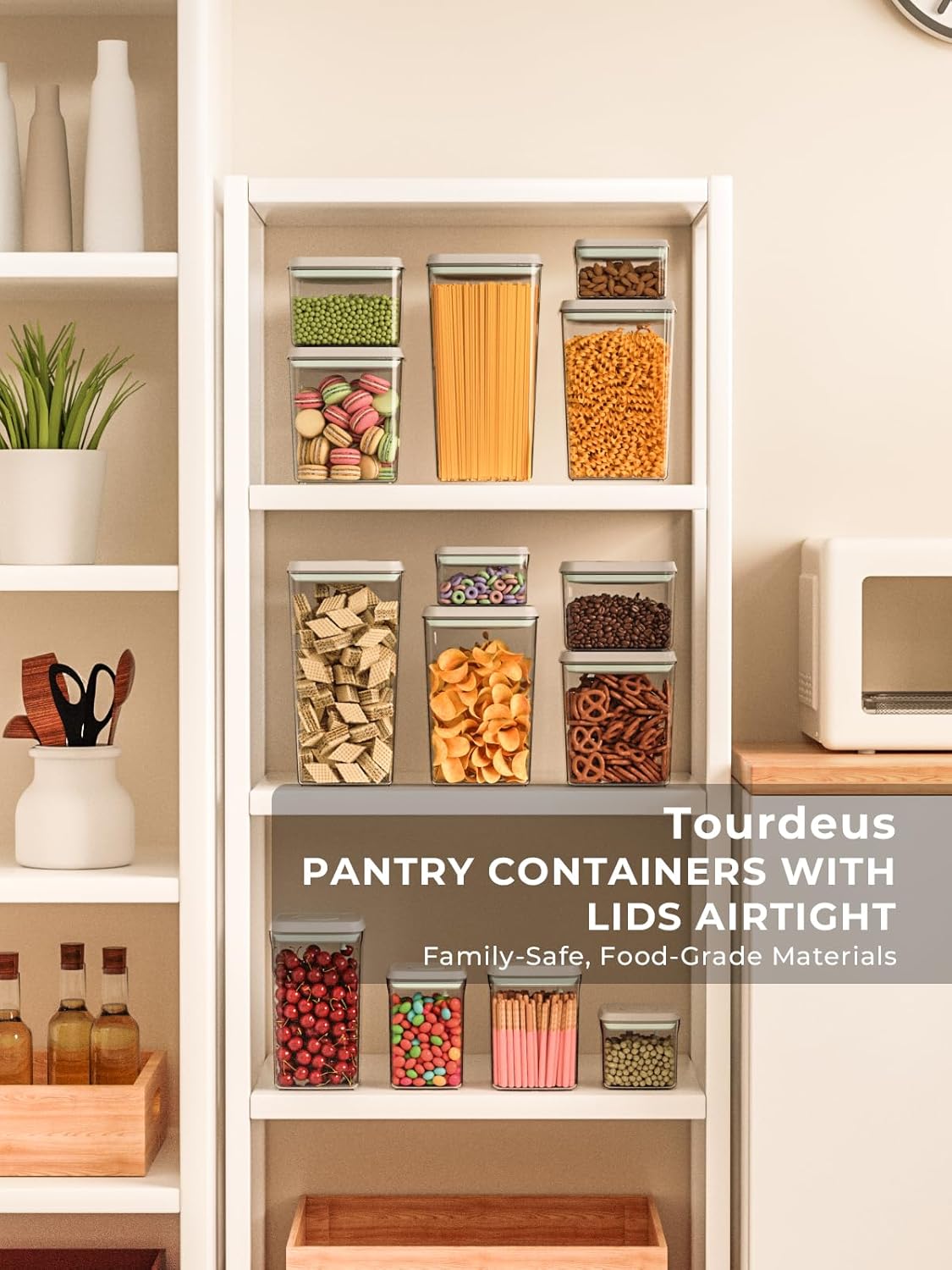 Airtight Food Storage Containers, 4-Piece Set, 1.3-3.5 Qt, Pop-Top Lids | Clear Stackable Pantry Jars for Flour, Sugar, Cereal, Oats, Pasta, Snacks, Baking Ingredients and Small Kitchen Organization