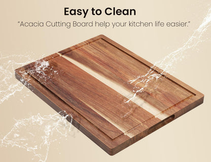 Fibogollo Acacia Wood Cutting Boards for Kitchen(Set of 3),Wooden Chopping Boards Set with Juice Groove,Serving Board with Holder,Butcher Block for Meat,Vegetables,Fruit