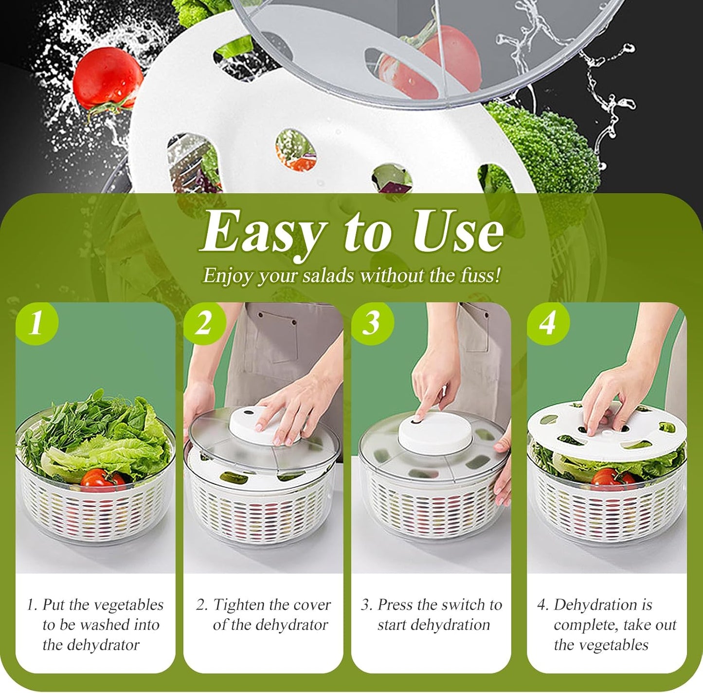 Electric Salad Spinner 6.3QT Large Capacity - Automatic Fast Drying Lettuce & Vegetable Spinner Serves 6-12 Persons with Squeeze Bottle, USB Rechargeable & Built-in Strainer