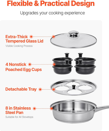 VEVOR Egg Poacher Pan, 4-Cup Poached Egg Maker, Stainless Steel Poaching Pan and Frying Skillet, with 4 Nonsitck Detachable Large Cups, Lid, and Silicone Spatula, Compatible with Induction Stovetop