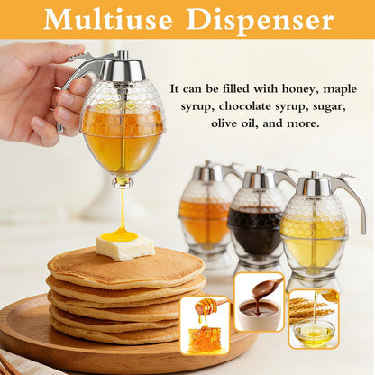 Honey Dispenser No Drip Glass 8 oz with Plastic Top, Beautiful Honeycomb Shaped Honey Jar with Stand - 6" Clear Container, Honey Pot, Maple Syrup Dispenser, Perfect Bee Decoration for Home Kitchen