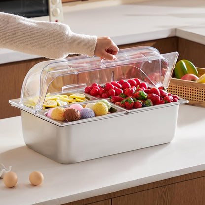 VEVOR Chilled Condiment Server, 4 Compartment Ice Cooled Condiment Serving Container, Chilled Garnish Tray Bar Caddy with Lid, for Bartending & Serving Taco, Salad, Fruit, Home & Restaurant Supplies