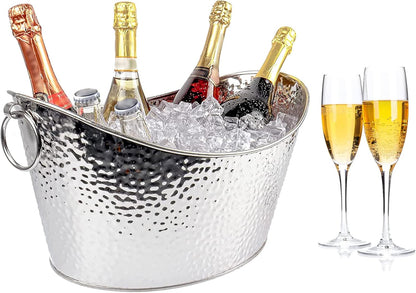 Frcctre 3 Gallon/12L Stainless Steel Beverage Tub, Large Galvanized Ice Bucket with Handles, Hammered Metal Drink Bucket Drink Chiller Champagne Buckets for Parties Weddings