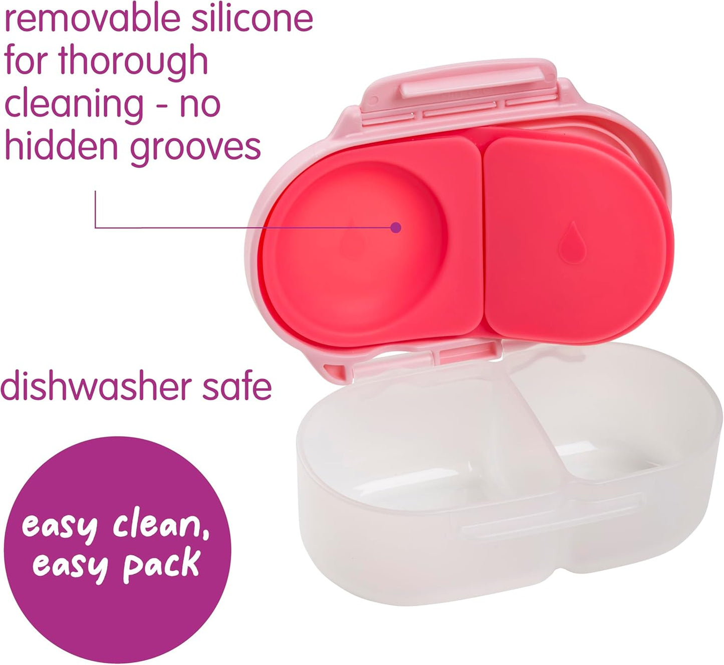 b.box Snack Box 2-Pack - Leak Proof Mini Bento Box for Kids & Toddlers, 2 Compartment Snack Containers for Kids, Dishwasher Safe, BPA-Free, PFAS-Free, Ages 4mo+, 1 3/4 Cup Each (Strawberry + Lilac)