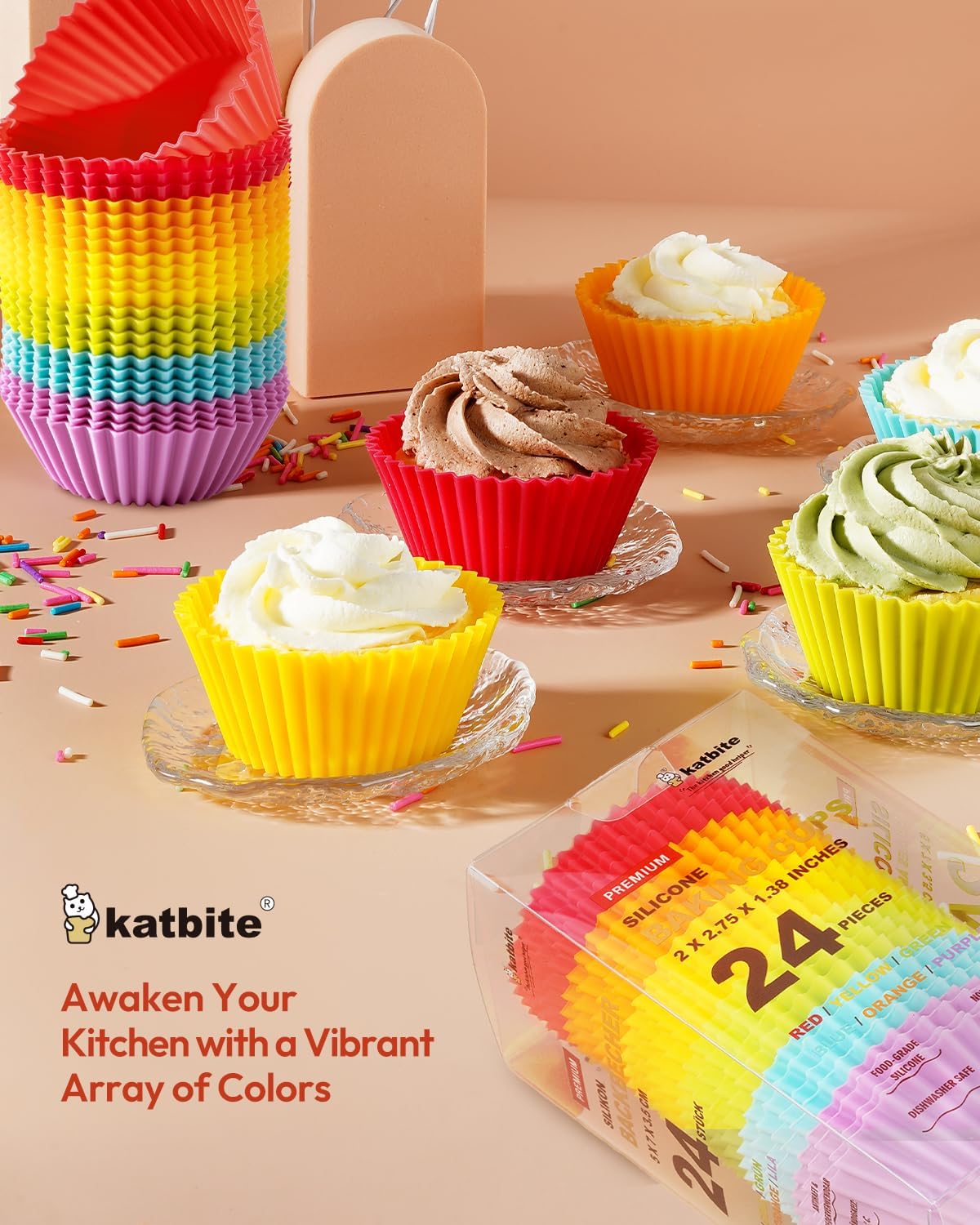 Silicone Cupcake Baking Cups Katbite 24 Pack Silicone Baking Cups Reusable Non-stick Heavy Duty Cupcake Liners for Baking Soft Pale Muffins Cups for Party Halloween Christmas