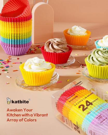 Silicone Cupcake Baking Cups Katbite 24 Pack Silicone Baking Cups Reusable Non-stick Heavy Duty Cupcake Liners for Baking Soft Pale Muffins Cups for Party Halloween Christmas