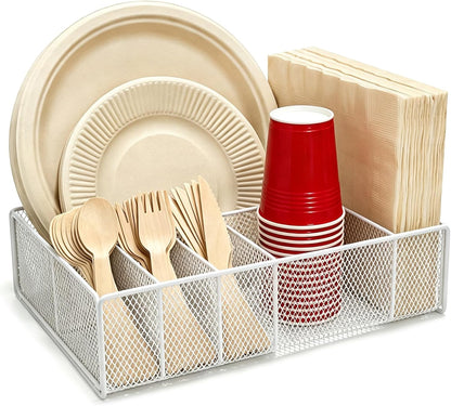 Paper Plate Organizer for Countertop - Metal Utensil Caddy Silverware Holder Cutlery Flatware Plastic Spoon Fork Plates Napkins Cup Storage Dispenser Party Picnic Essentials Camping Supplies